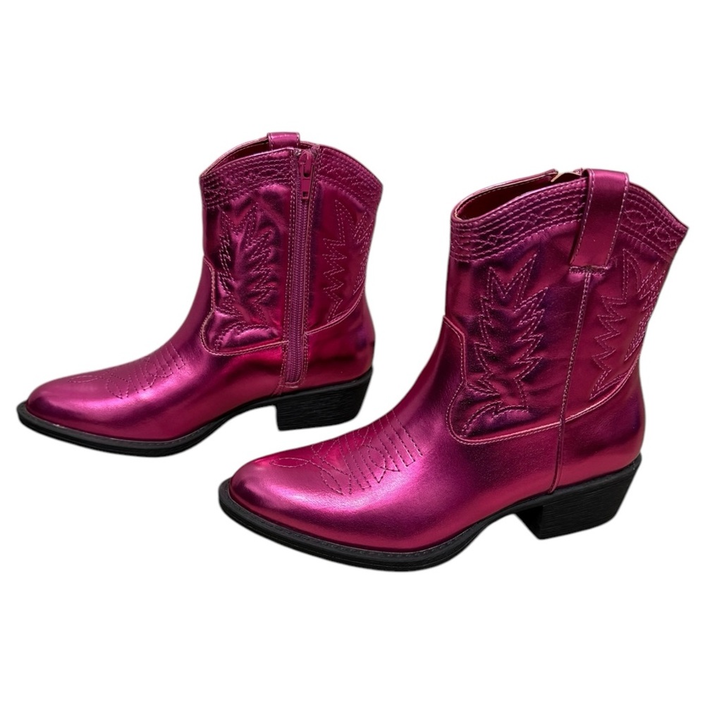 New Pink Metallic Round Toe Chunky Heel Embroidered Cowgirl Ankle Boots